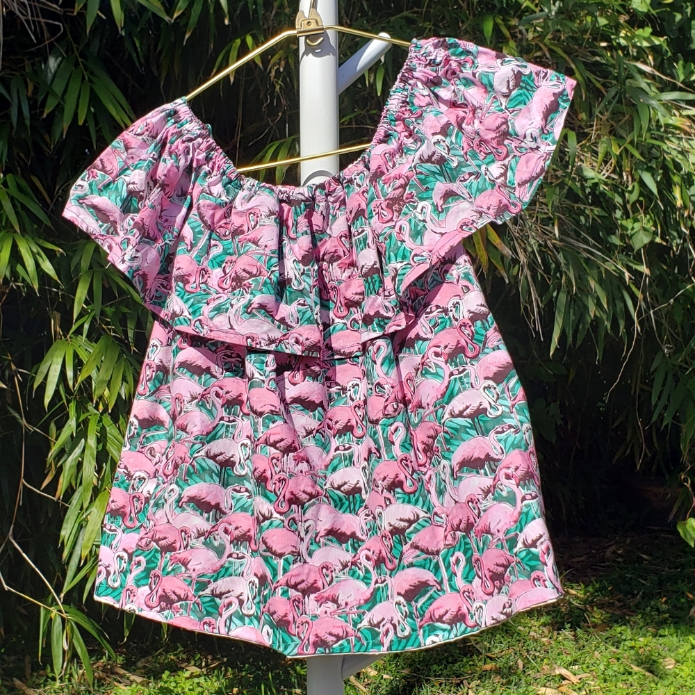 Pink Flamingos Retro Pattern Cotton Off The Shoulder Flounce Top Small Tropical